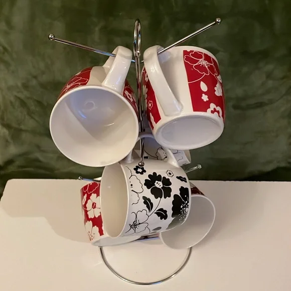 MUG SET:NIB; 7 piece floral mug set with stand. - Picture 3 of 3